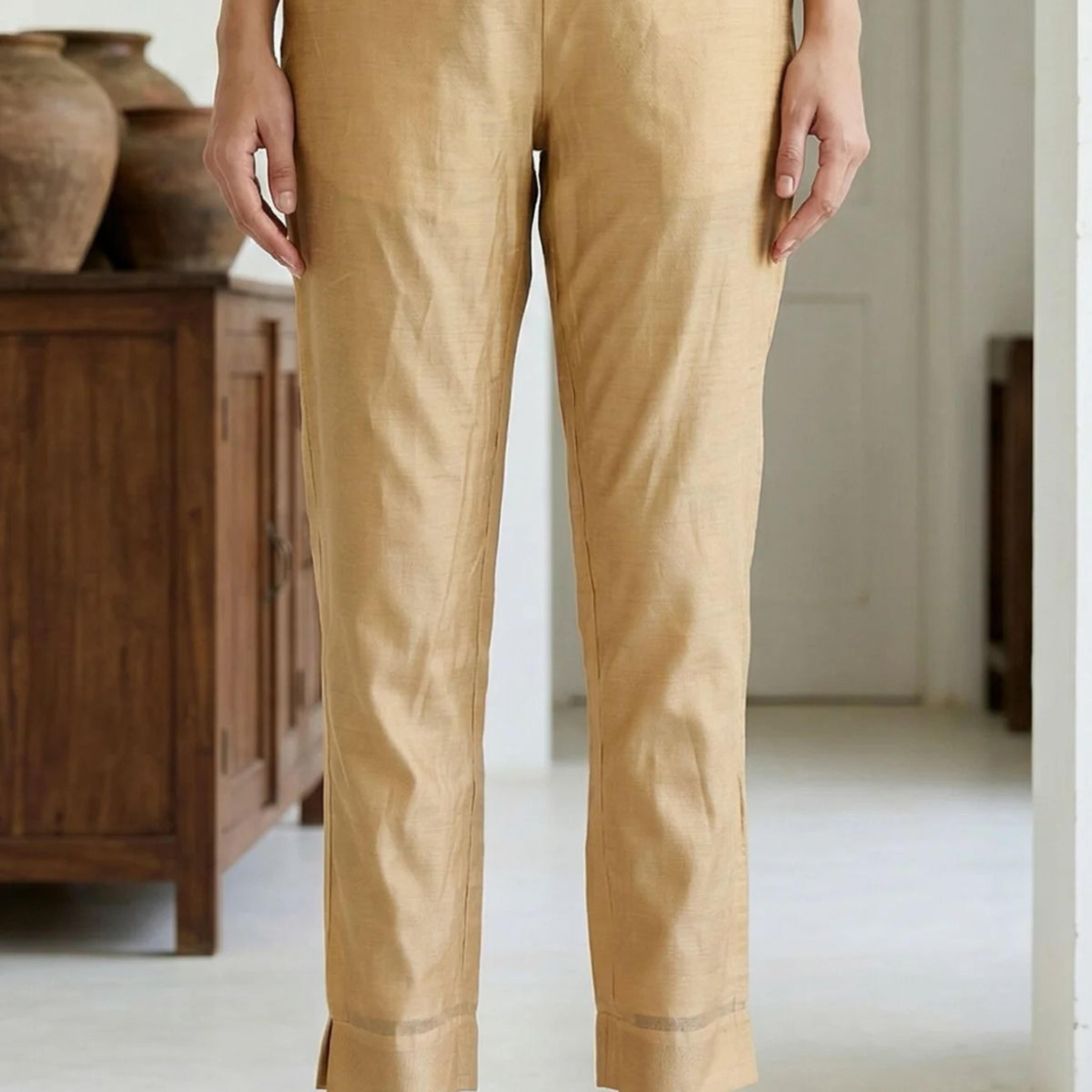 Gold Solid Chanderi Straight Fit Ankle Length Trousers