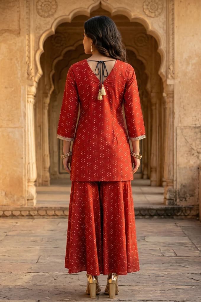 Red Metallic Embroidered Bandhani Straight Kurta — photo 4