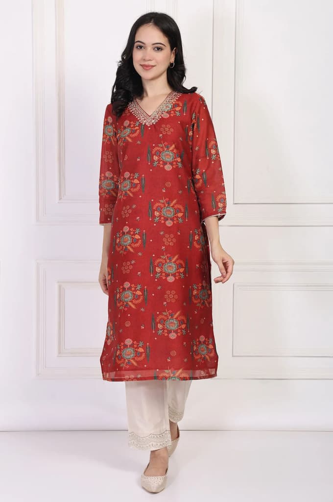 Red Floral Printed Sequined Straight Kurta — photo 2