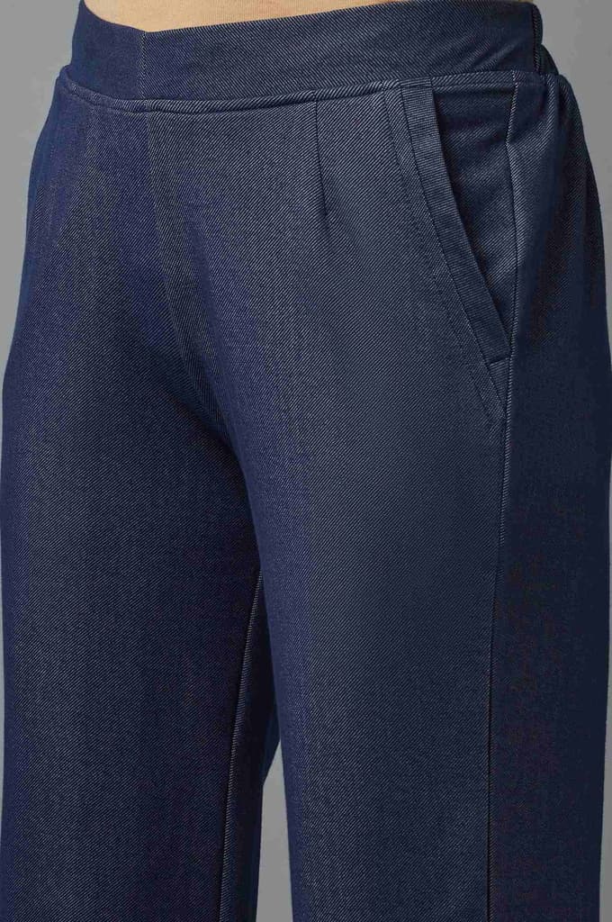 Navy Blue Solid Tapered Cotton Pants With Pleated Detail — photo 6