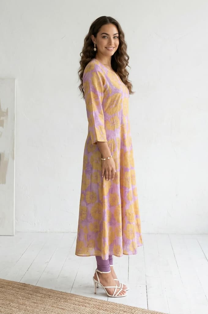 Lavender Bold Floral Printed Pure Cotton A-line Kurta — photo 5
