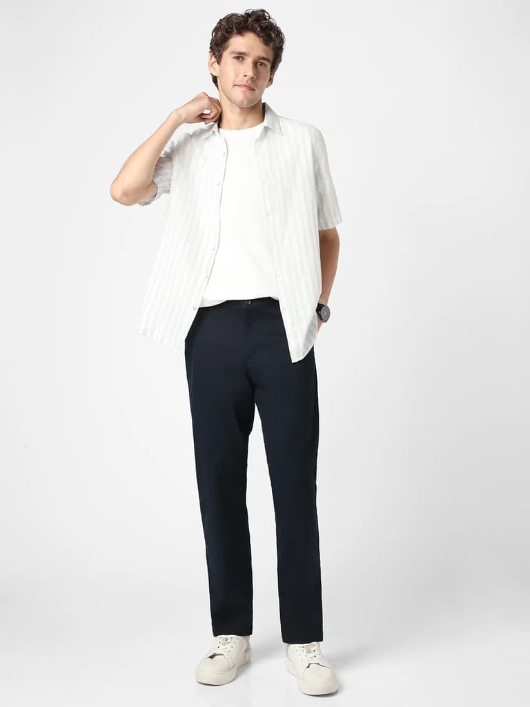 Men's Navy Blue Cotton Regular Fit Casual Chinos Trousers Stretch — photo 4