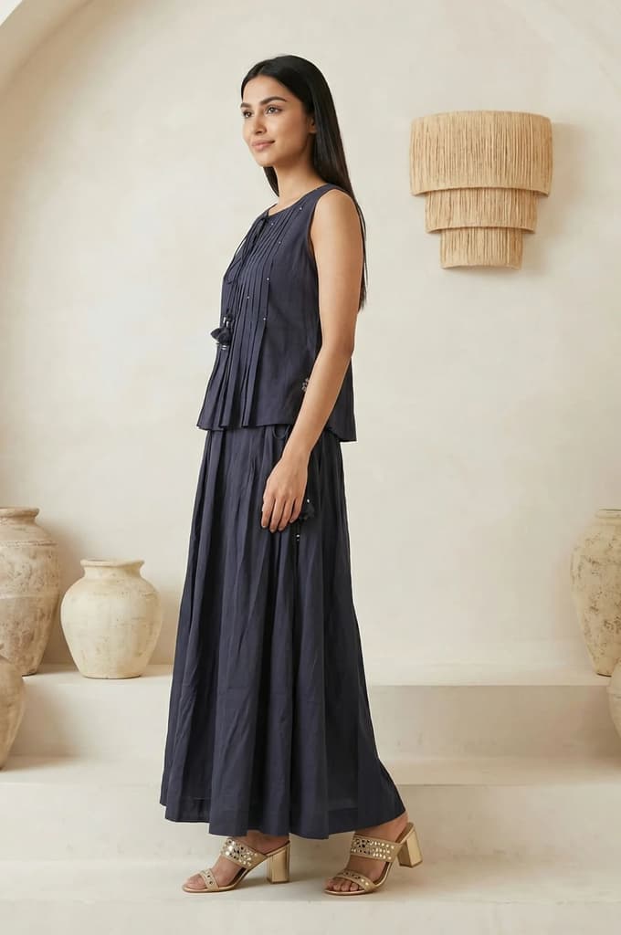 Navy Blue Solid Tassel Pure Cotton Pleated Top with Skirt Set — photo 2