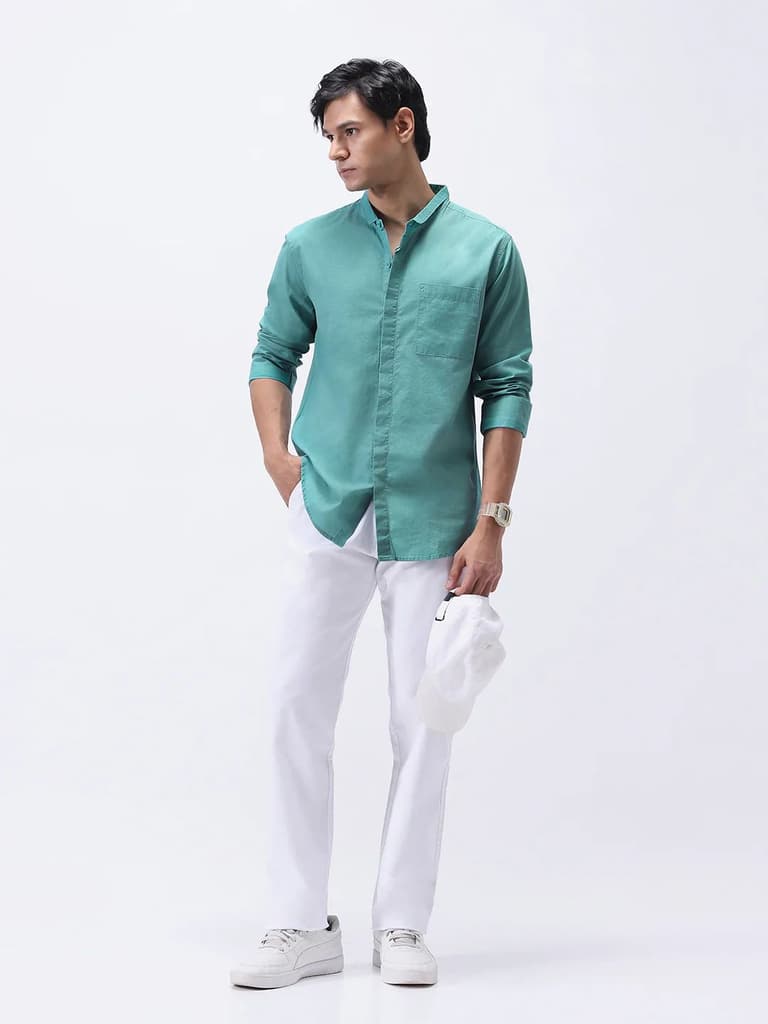 Men's Light Teal Cotton Full Sleeve Regular Fit Casual Solid Shirt with Band Collar — photo 4