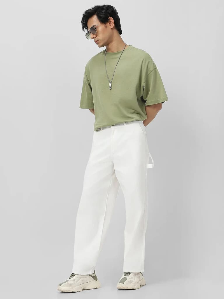 Men's White Loose Baggy Fit Solid Carpenter Trouser Pant with 5 Pockets Non-Stretchable — photo 5