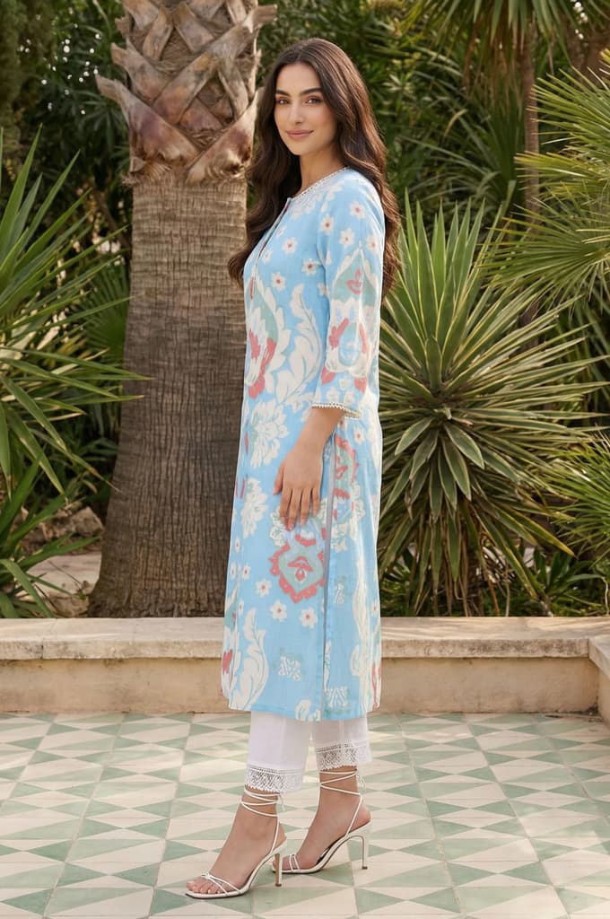 Blue Ikkat Lace Trim Straight Kurta — photo 3