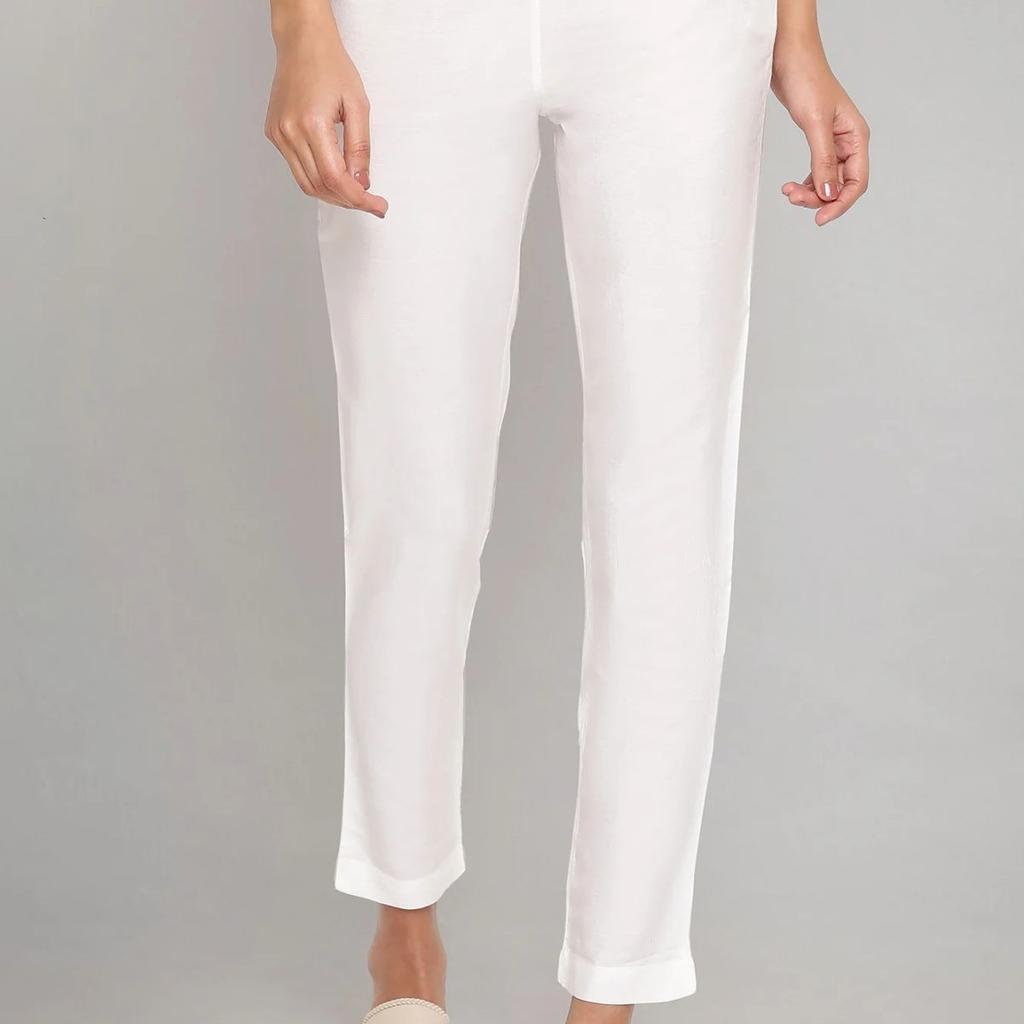 White Solid Plain Straight Cotton Slim Pant