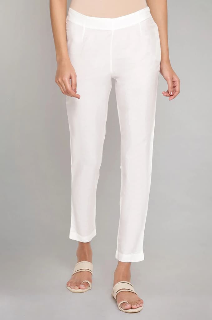 White Solid Plain Straight Cotton Slim Pant — XS