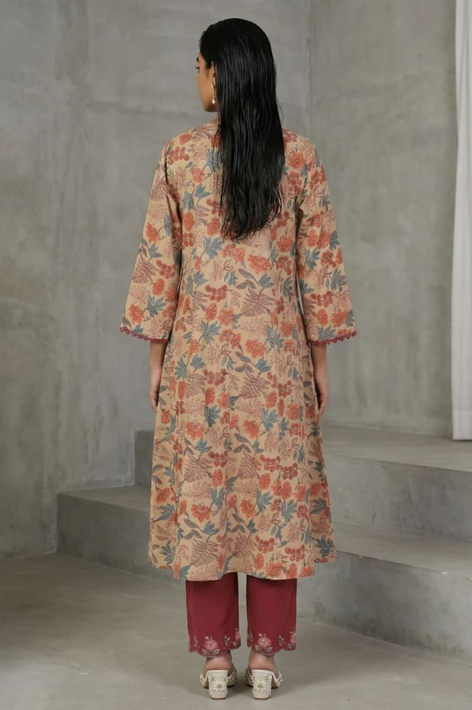 Beige Block Printed Tassel Pure Cotton A-line Kurta — photo 4