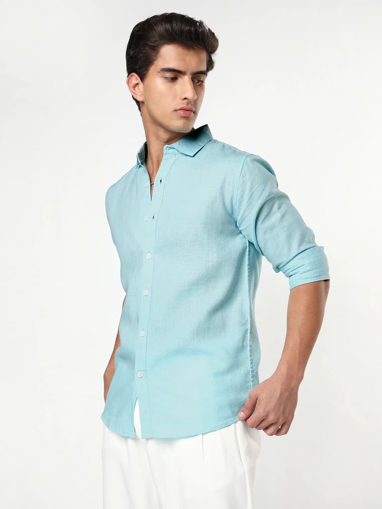 Men's Sky Blue Linen Blend Full Sleeve Relaxed Fit Casual Solid Shirt — photo 2