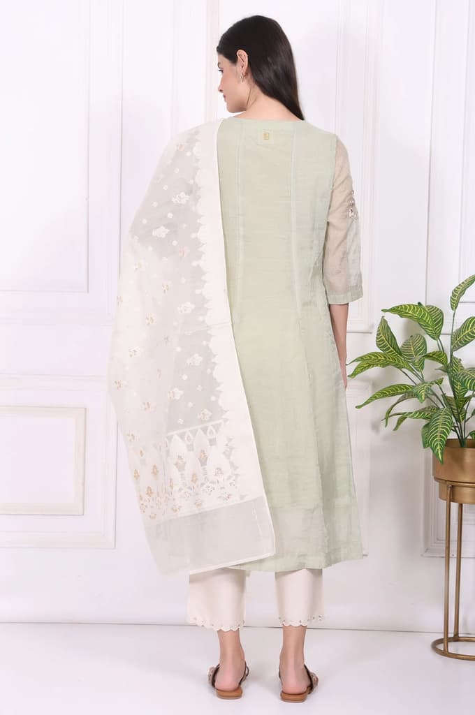 Light Green Embroidered Silk Blend Straight Kurta, Pants and Dupatta Set — photo 5