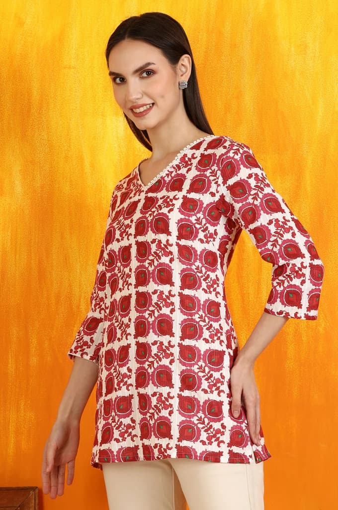 White and Red Printed Cotton Lurex Straight Tunic — photo 5