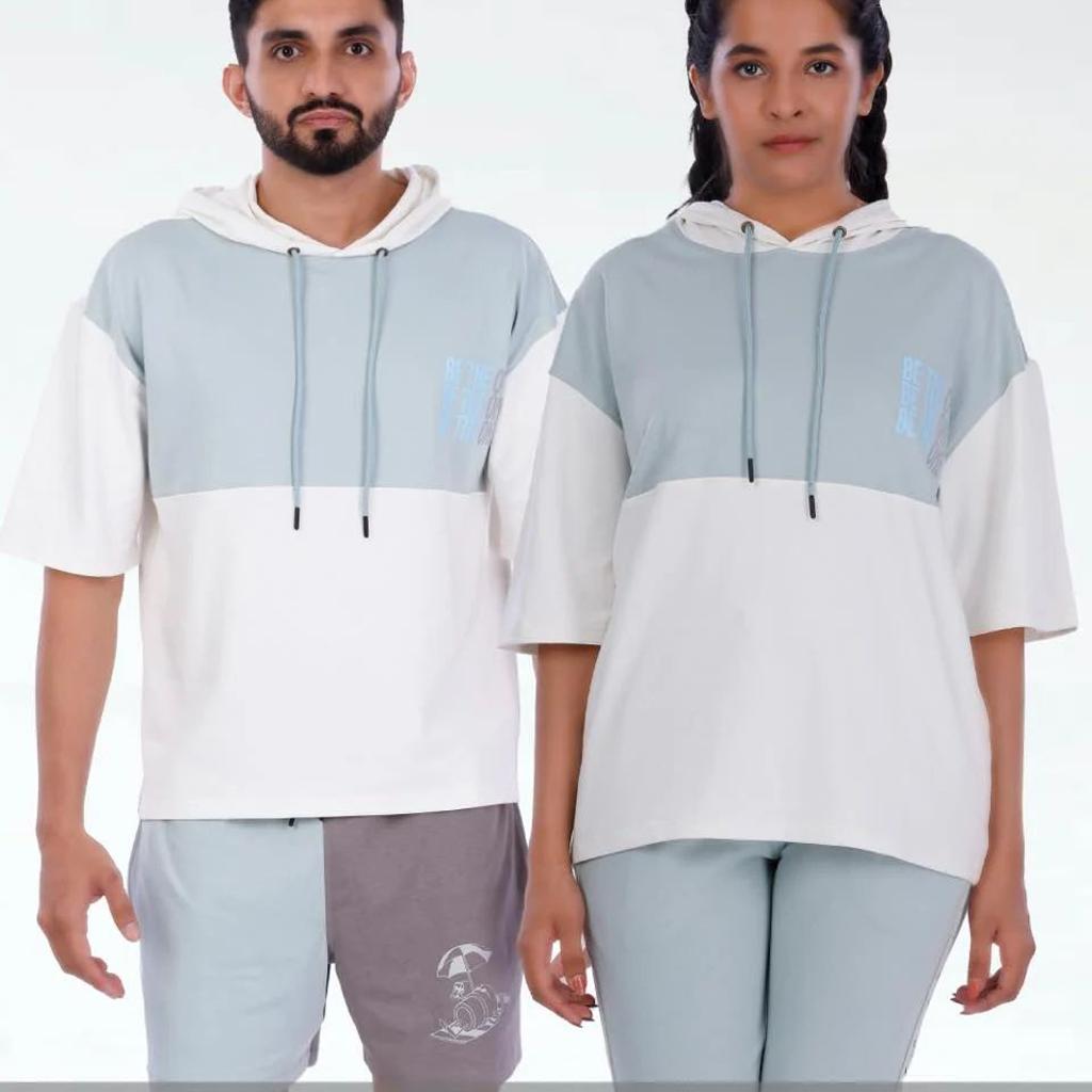 Unisex Blue & White Colourblock Half Sleeve Sweatshirt