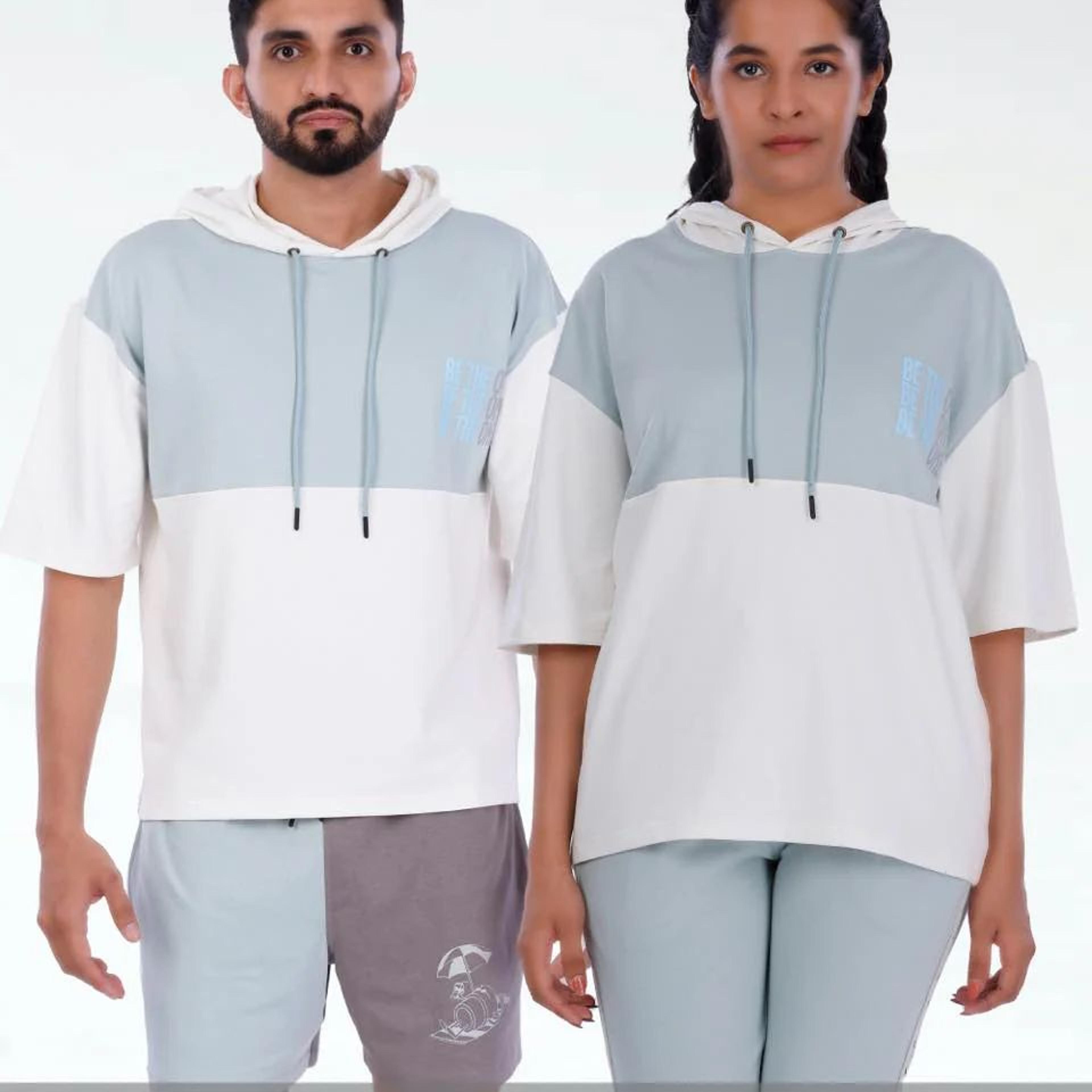 Unisex Blue & White Colourblock Half Sleeve Sweatshirt