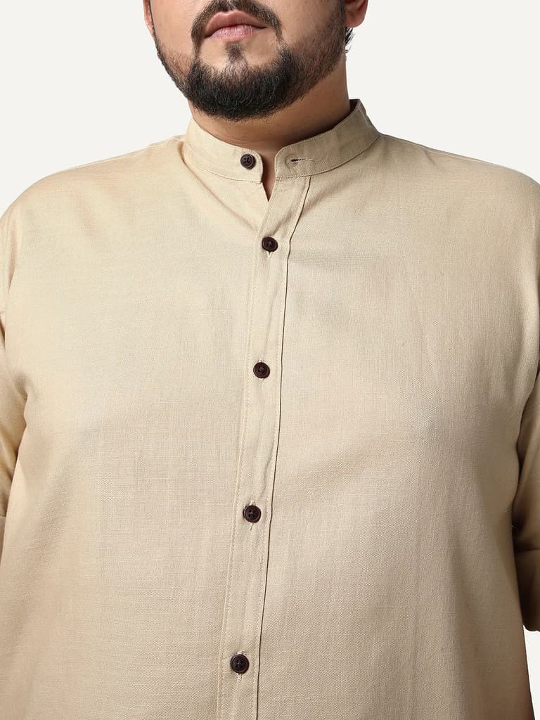 Plus Men's Beige Linen Blend Full Sleeve Relaxed Fit Mandarin Collar Casual Solid Shirt — photo 5