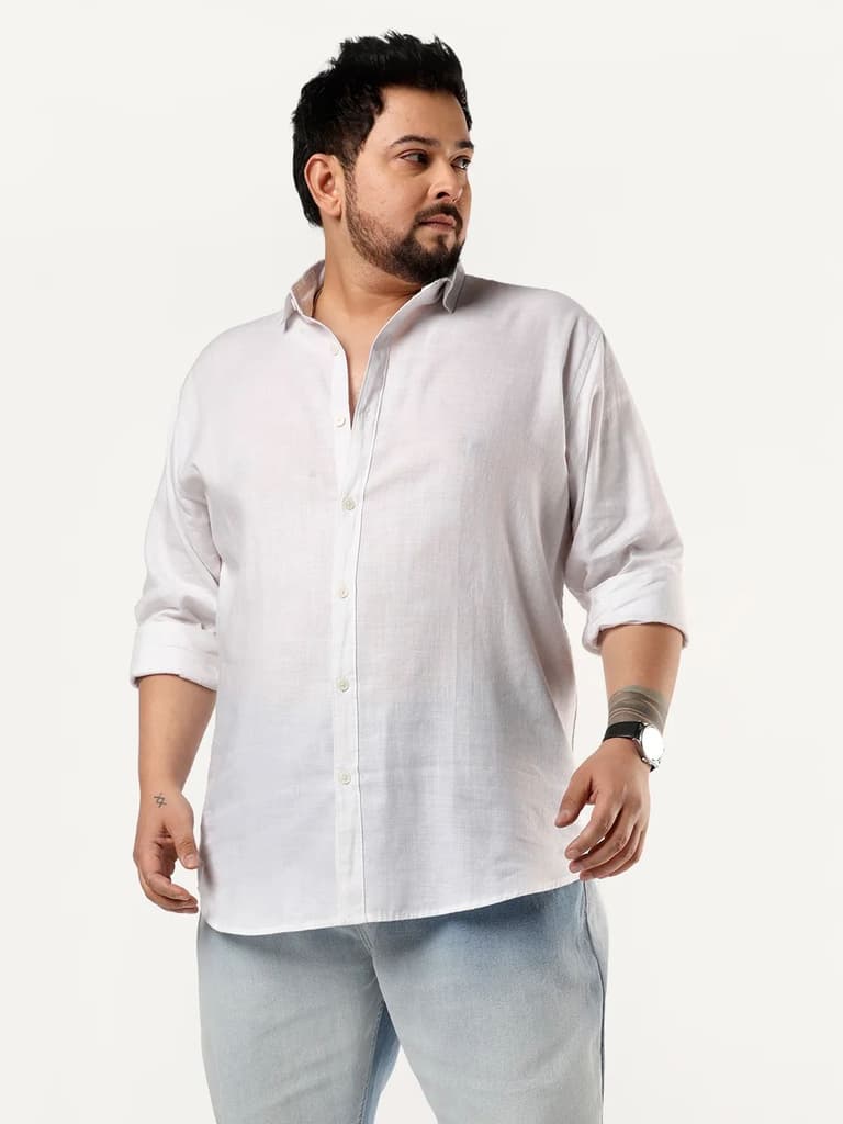 Plus Men's White Linen Blend Full Sleeve Relaxed Fit Casual Solid Shirt — photo 2