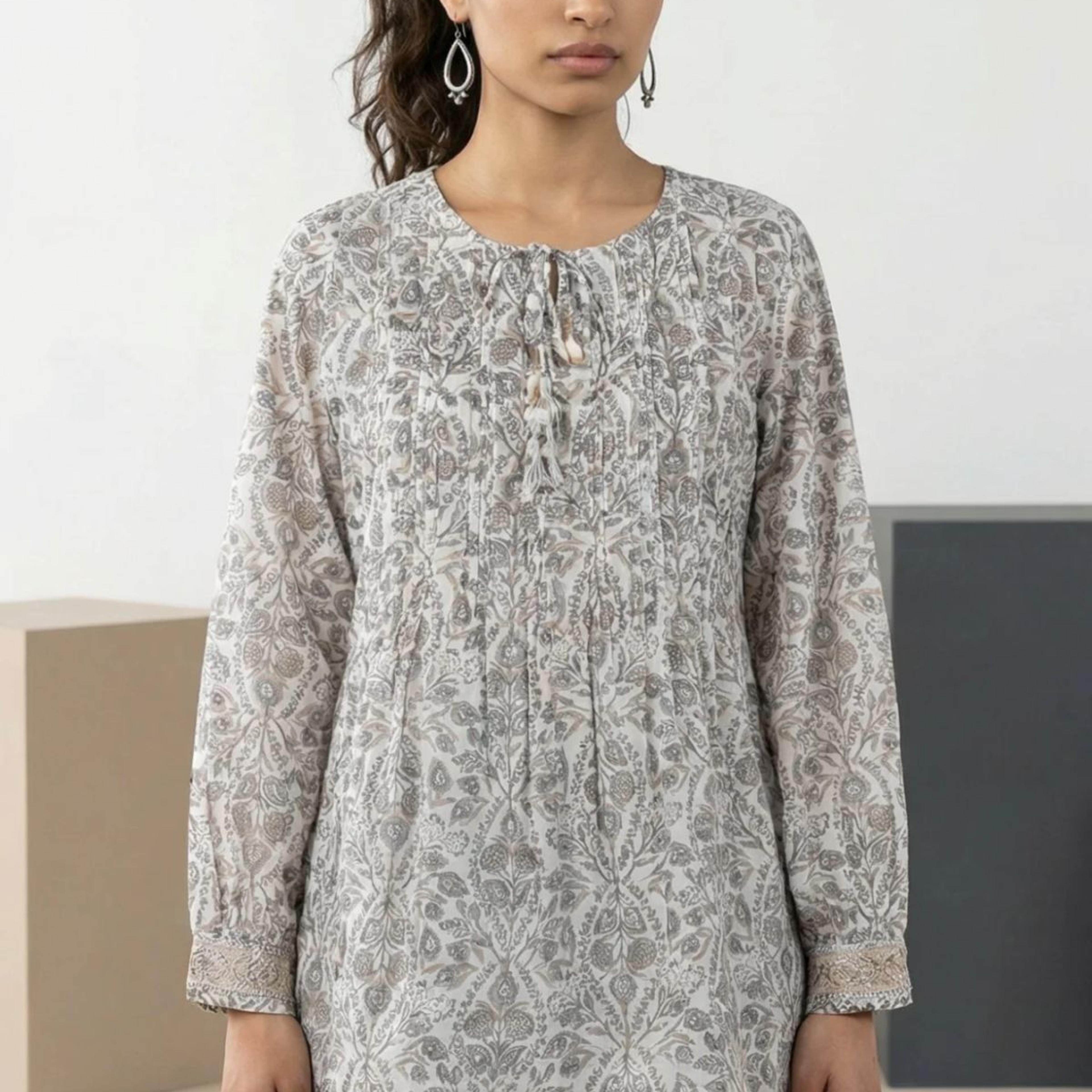 Off White Block Floral Printed Pure Cotton Flared Top