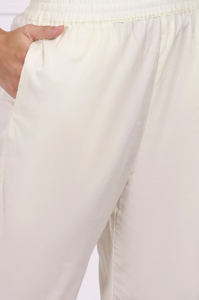 White Floral Printed Embroidered Pure Cotton Straight Kurta, Pants and Dupatta Set — photo 9