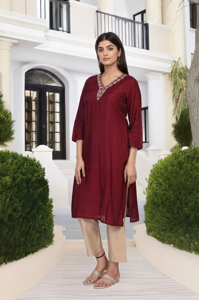 Maroon Embroidered A-Line Silk Kurta — photo 6