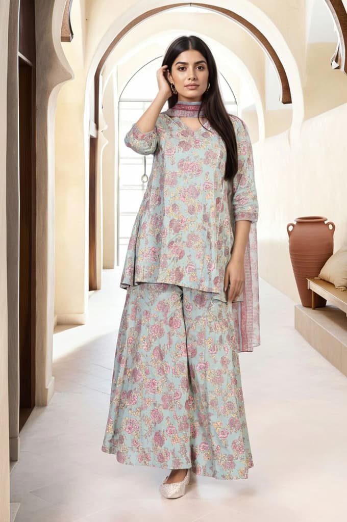 Light Green Floral Printed Lace Trim Peplum Rayon Kurta with Sharara and Dupatta Set — photo 2