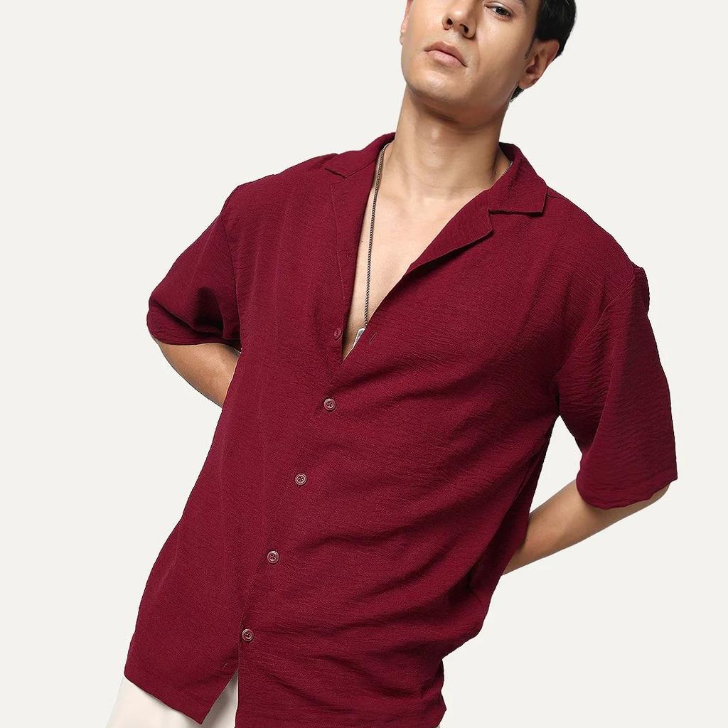 Men's Red Cotton Half Sleeve Relaxed Fit Textured Shirt with Cuban Collar