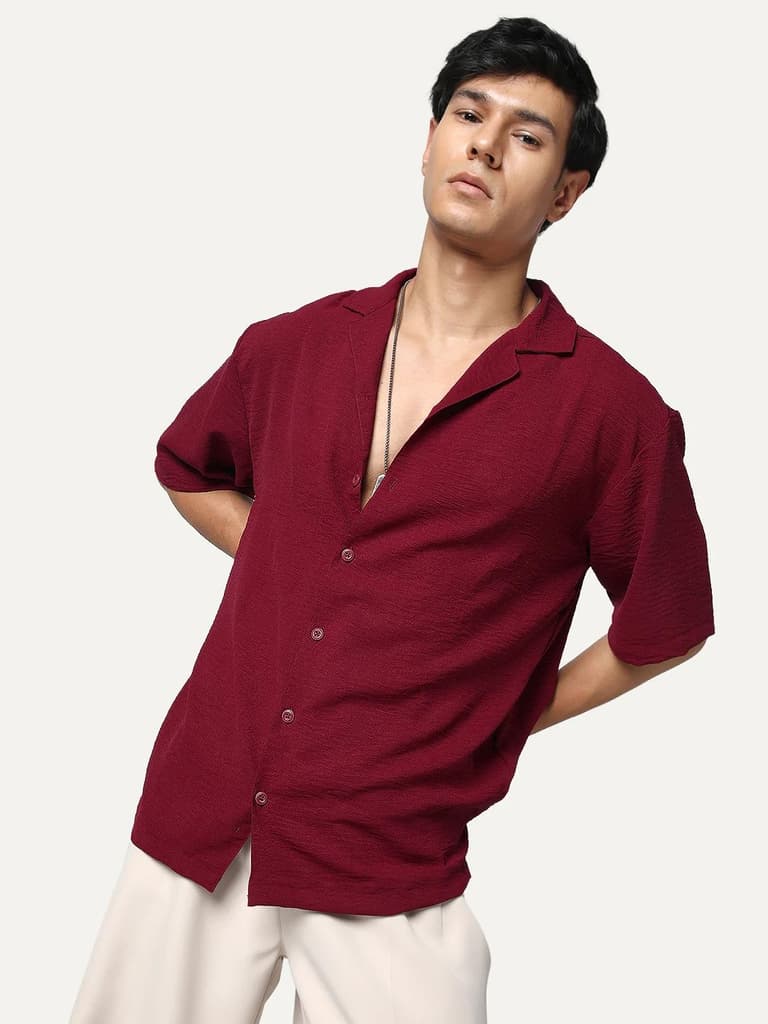 Men's Red Cotton Half Sleeve Relaxed Fit Textured Shirt with Cuban Collar — S / Red