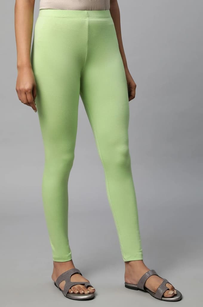 Light Green Solid Skinny Fit Cotton Tights With Elasticated Waist — photo 4