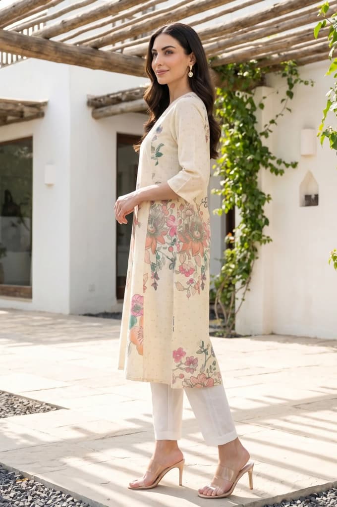Beige Floral Printed Pure Cotton Straight Kurta — photo 4