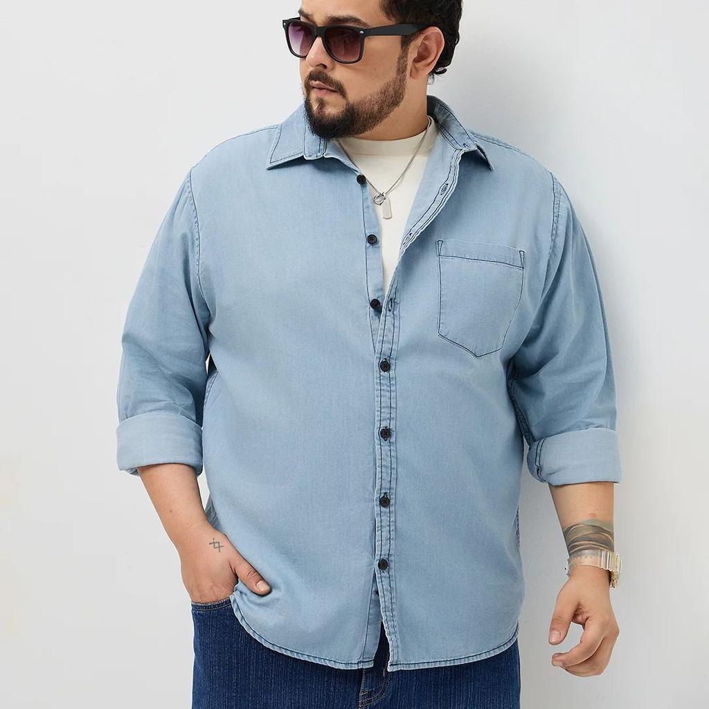 Plus Men's Ice Blue Regular Fit Full Sleeve Solid Denim Shirt
