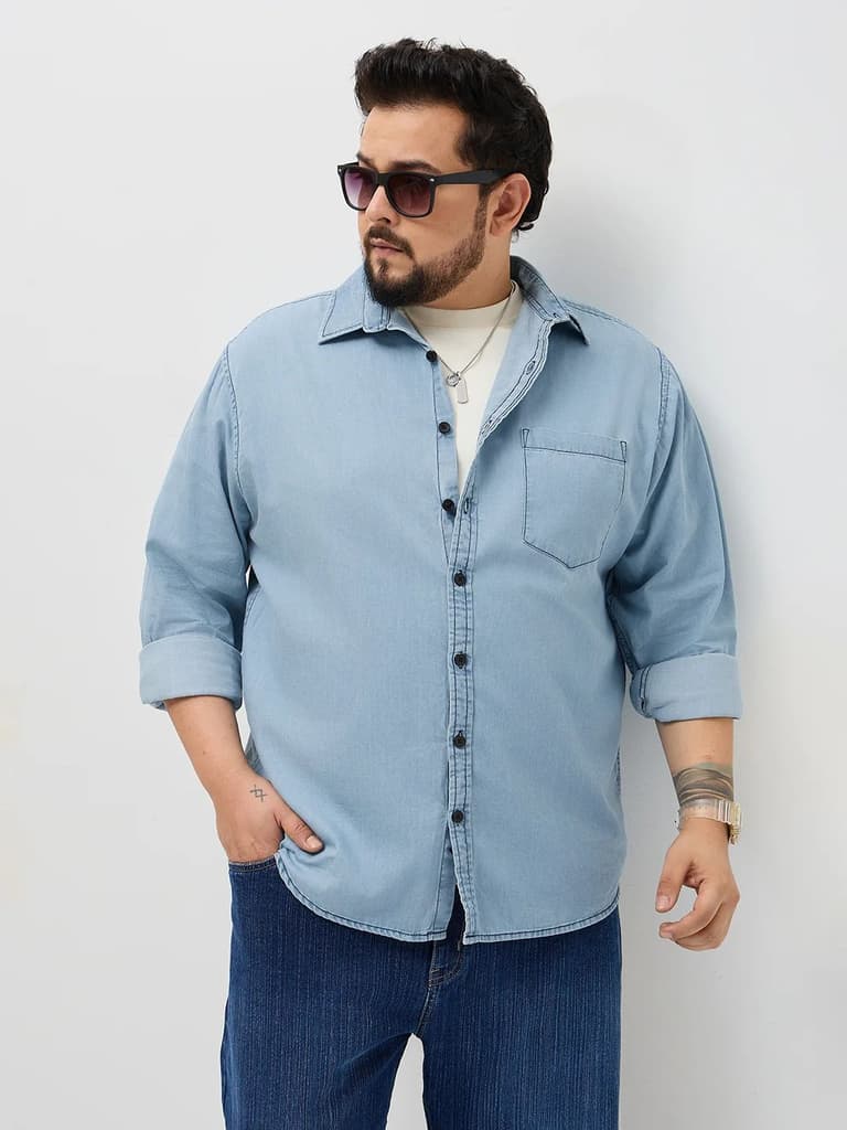 Plus Men's Ice Blue Regular Fit Full Sleeve Solid Denim Shirt — XXL / Ice Blue