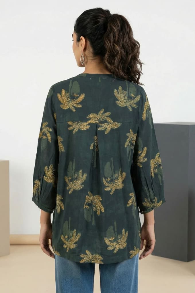 Green Block Botanical Printed Pure Cotton Flared Top — photo 4