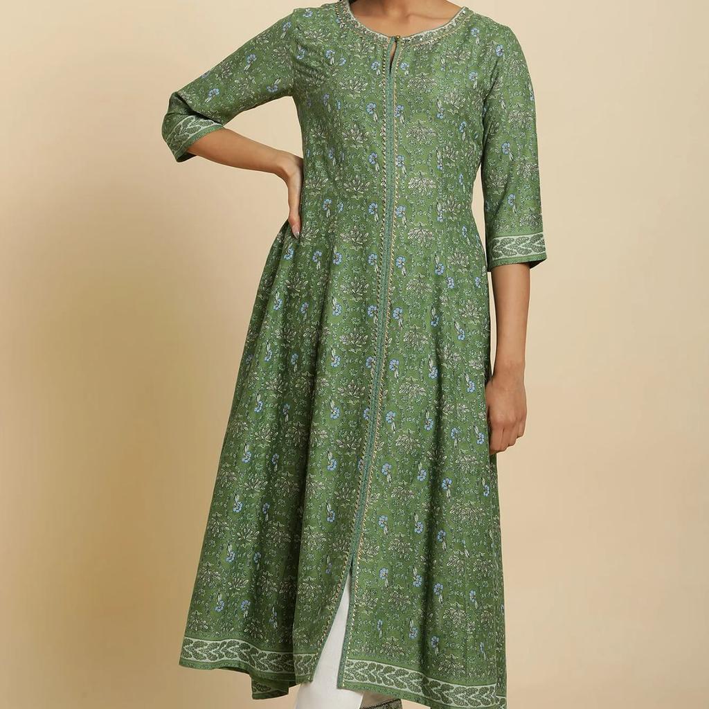 Green Floral Printed Embroidered Anarkali Kurta with Straight Pant Set