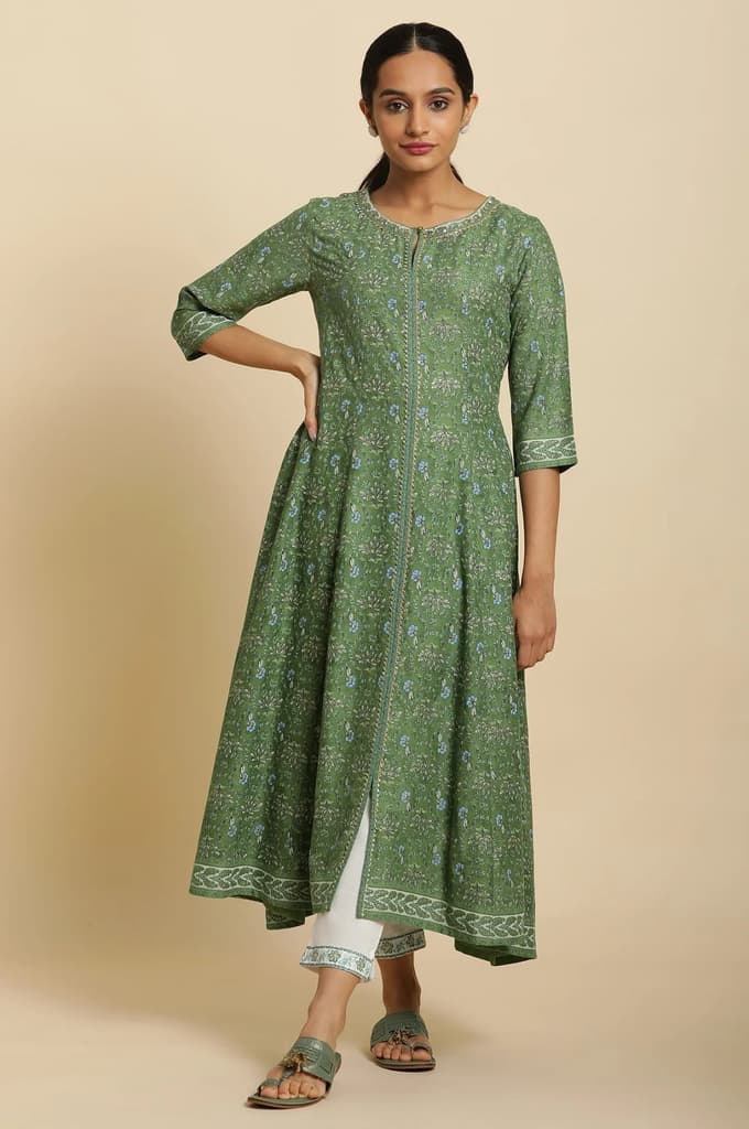 Green Floral Printed Embroidered Anarkali Kurta with Straight Pant Set — XS