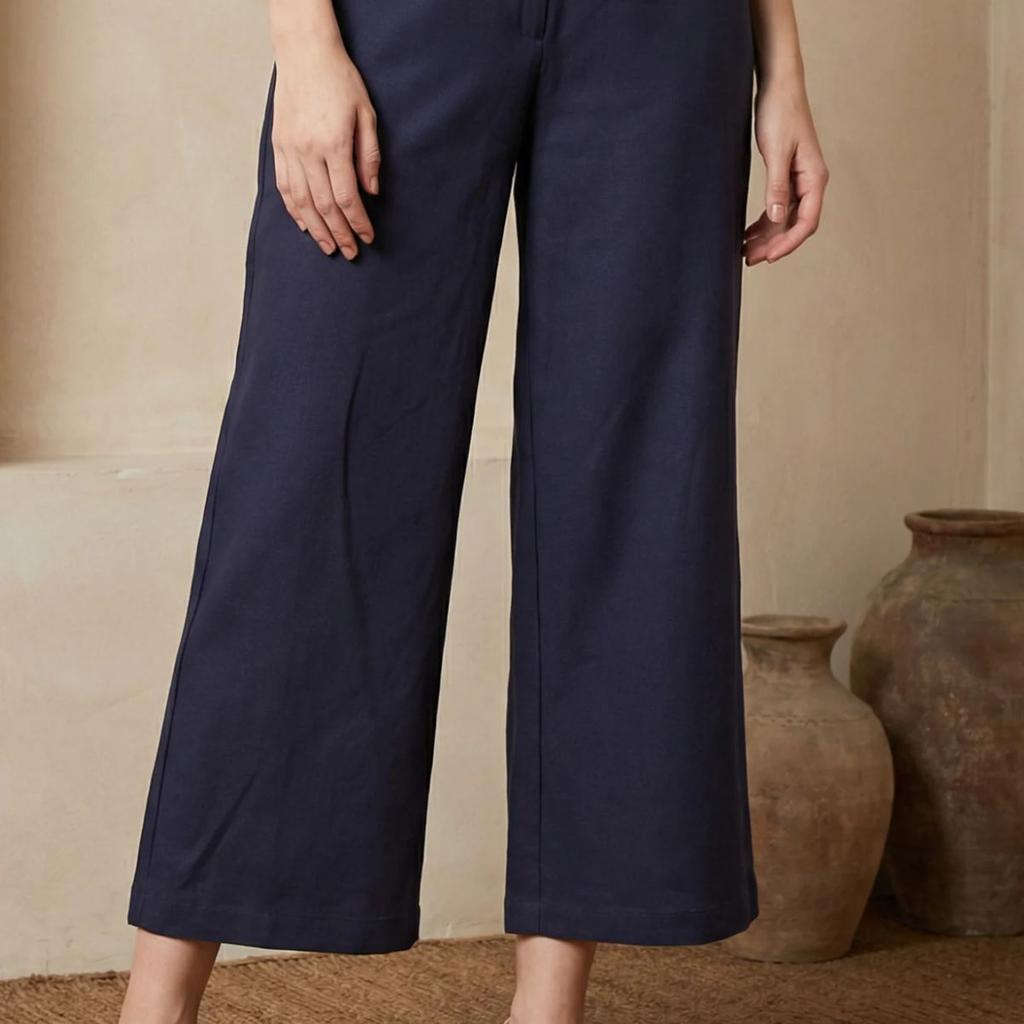 Navy Blue Solid Wide Leg Ankle Length Pants