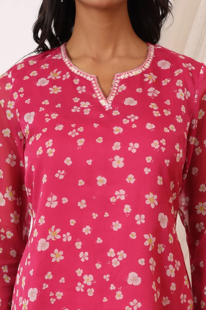 Pink Floral Printed Organza Straight Kurta — photo 3