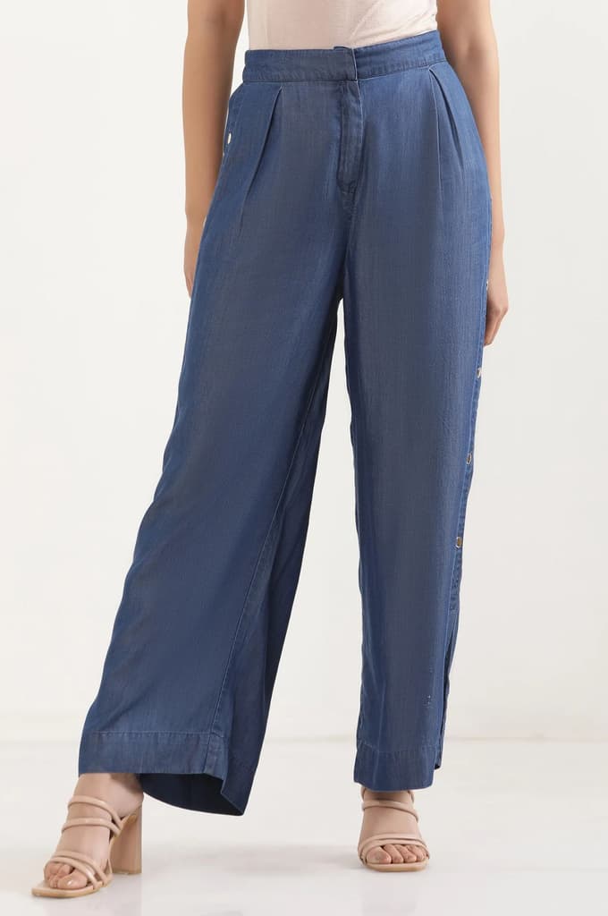 Blue Solid Wide Leg Denim Palazzo With Side Buttons — photo 2