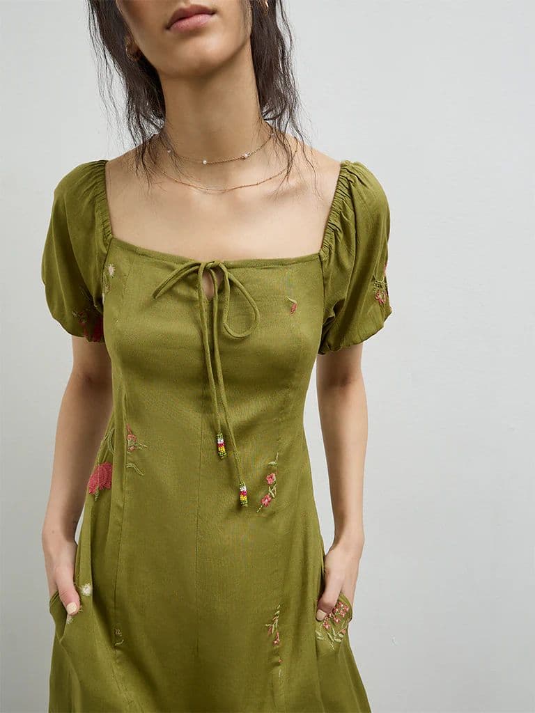 Bombay Paisley Olive Embroidered Cotton-Blend A-Line Dress — photo 3