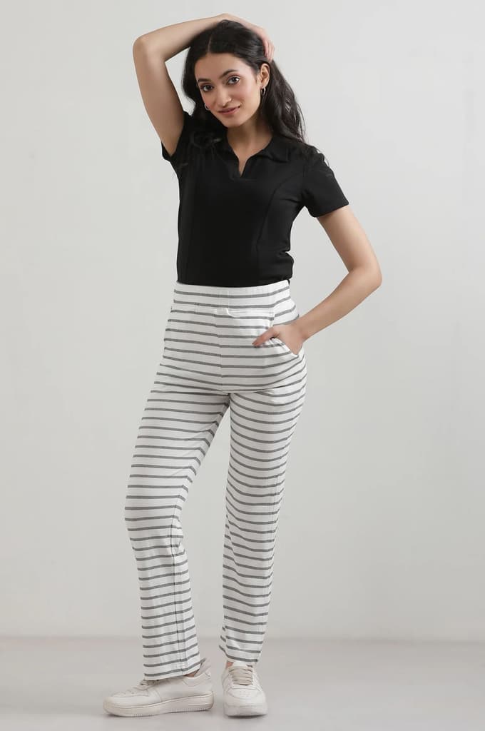 White Striped Straight Fit Cotton Pants With Slip On Closure