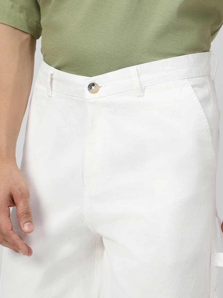 Men's White Loose Baggy Fit Solid Carpenter Trouser Pant with 5 Pockets Non-Stretchable — photo 6