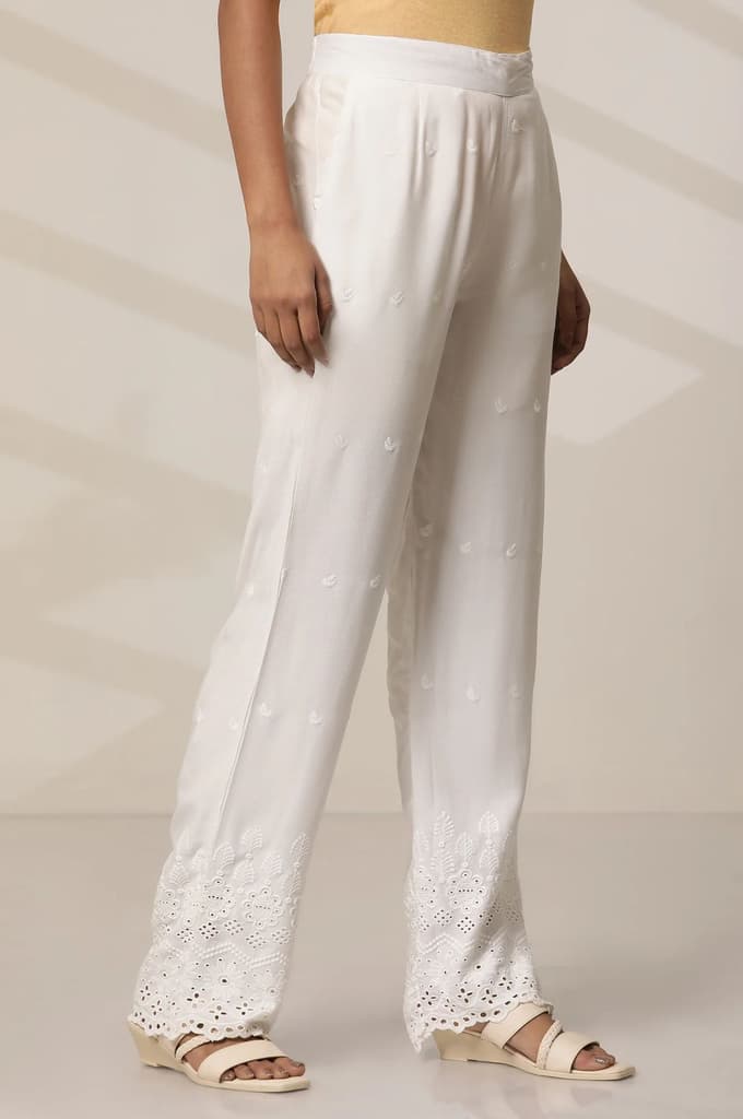 White Rayon Schiffli Narrow Palazzo — photo 4