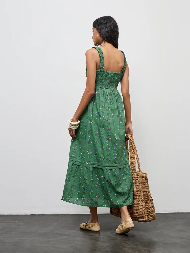Bombay Paisley Green Floral Design Cotton A-Line Dress — photo 4