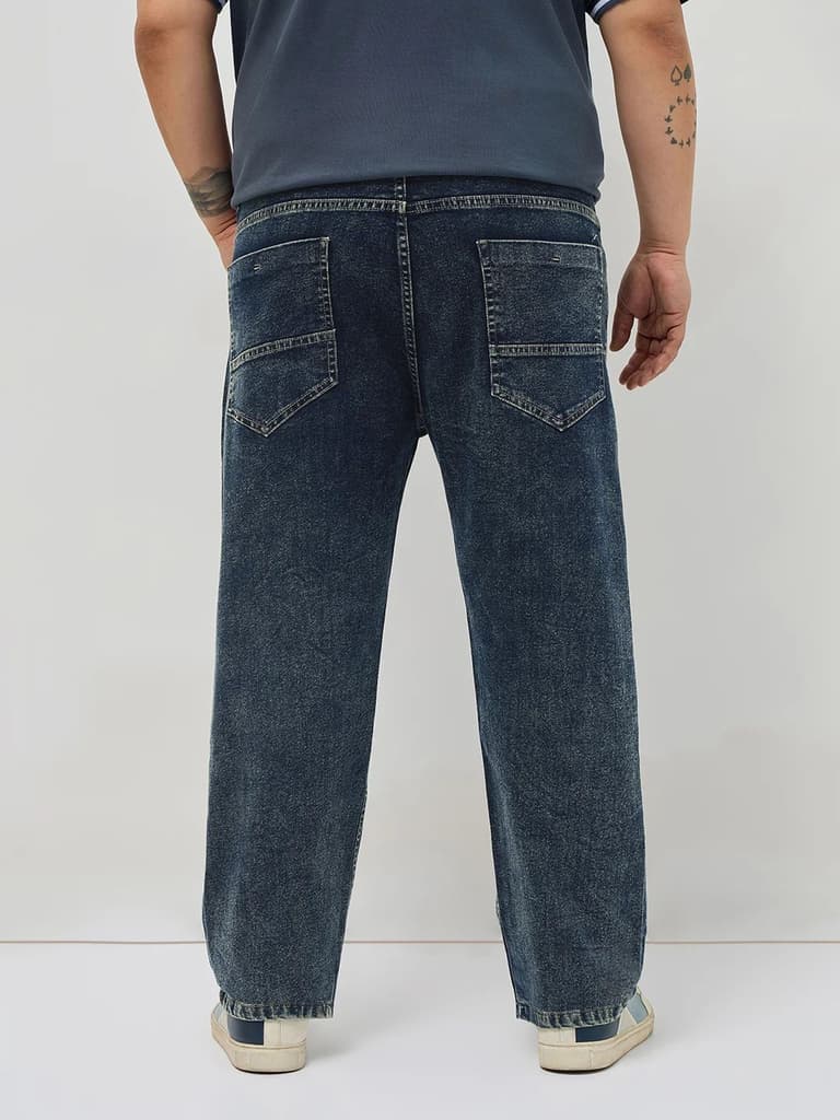 Plus Men's Dark Blue Regular Fit Towel Washed Yellow Tint Denim Jeans Stretchable — photo 3