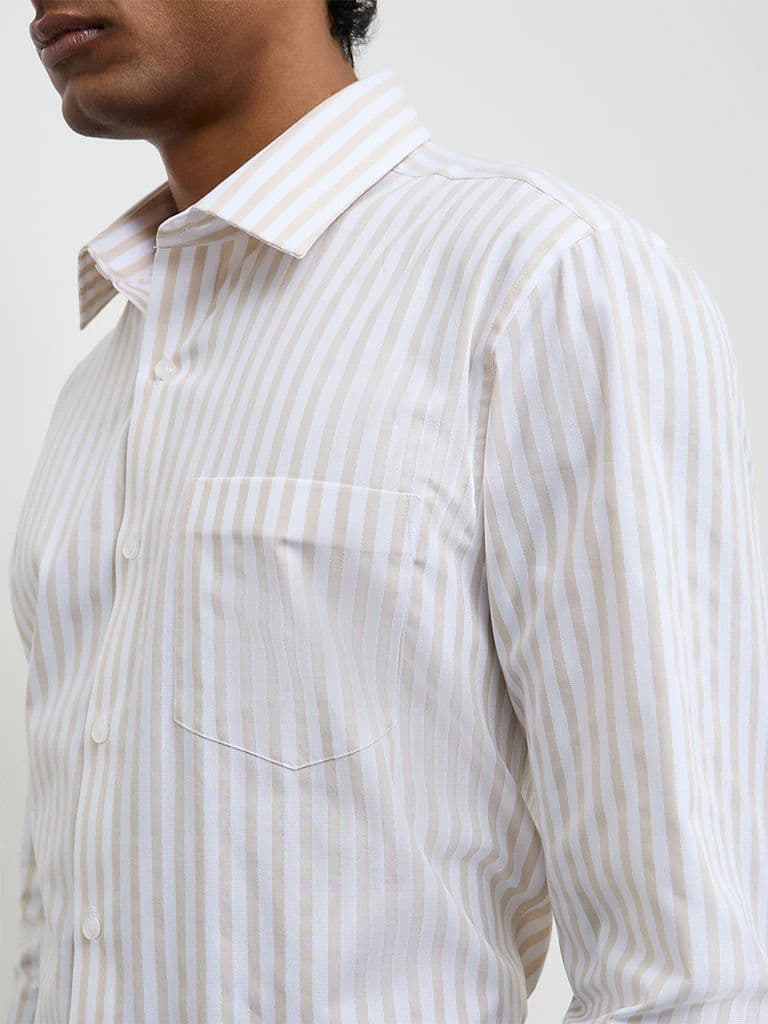 WES Formals Beige Striped Slim-Fit Cotton Shirt — photo 3