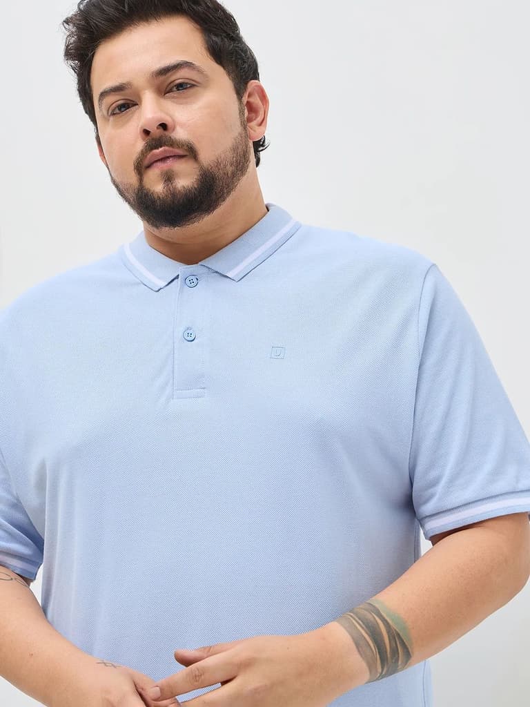Plus Men's Light Sky Blue Solid Regular Fit Half Sleeve Cotton Polo T-Shirt — photo 5