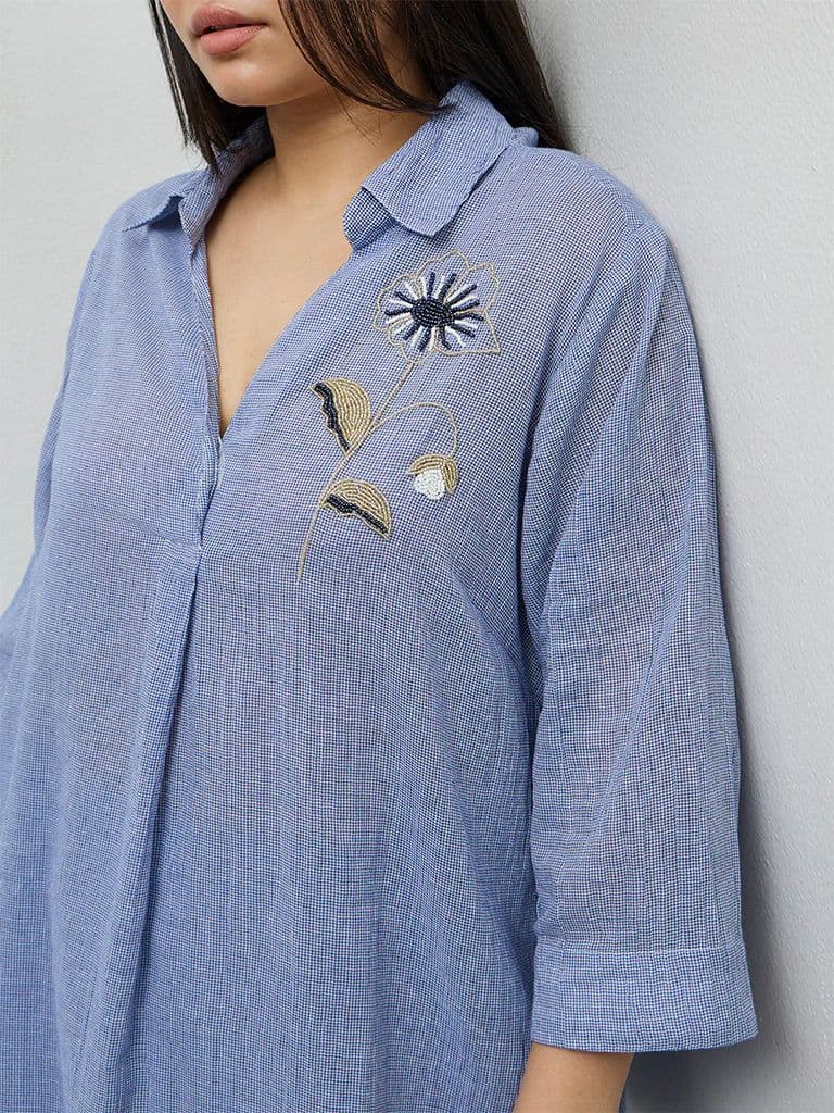 Diza Blue Floral Embellished Cotton Tunic — photo 3
