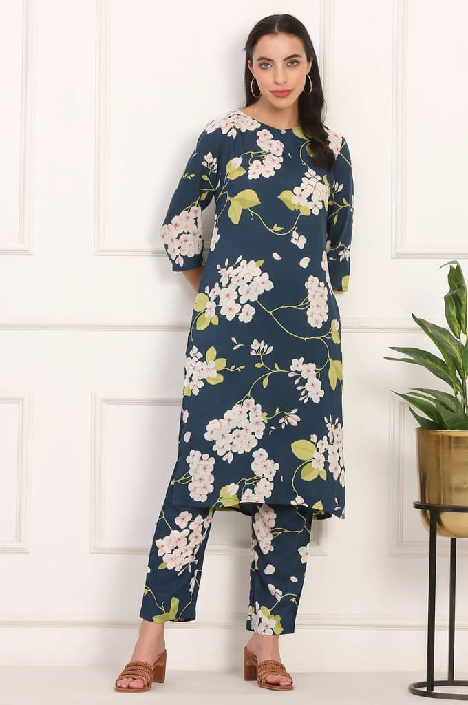 Navy Blue Floral Printed Straight Pure Cotton Kurta and Straight Pants Co-ord Set — XS