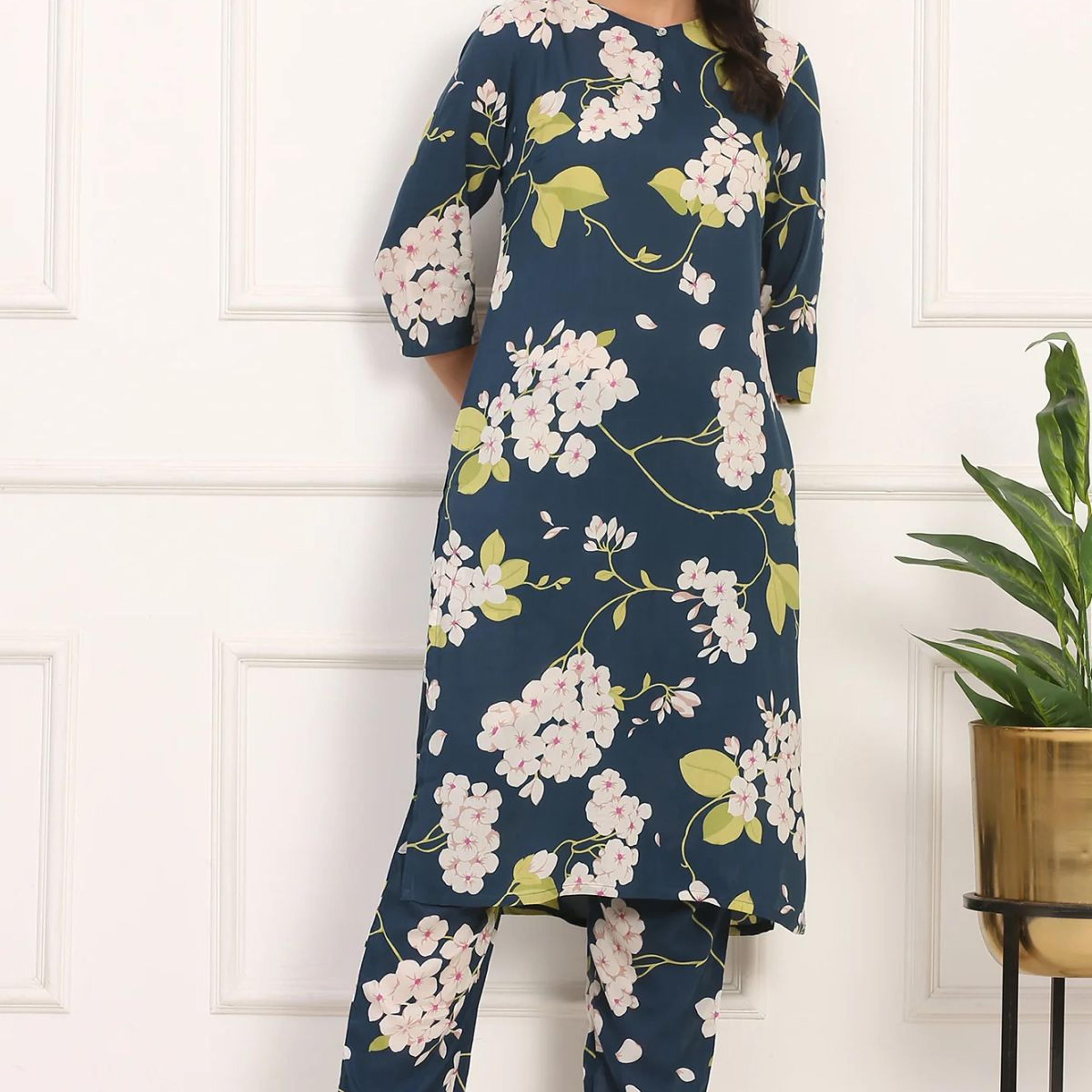 Navy Blue Floral Printed Straight Pure Cotton Kurta and Straight Pants Co-ord Set