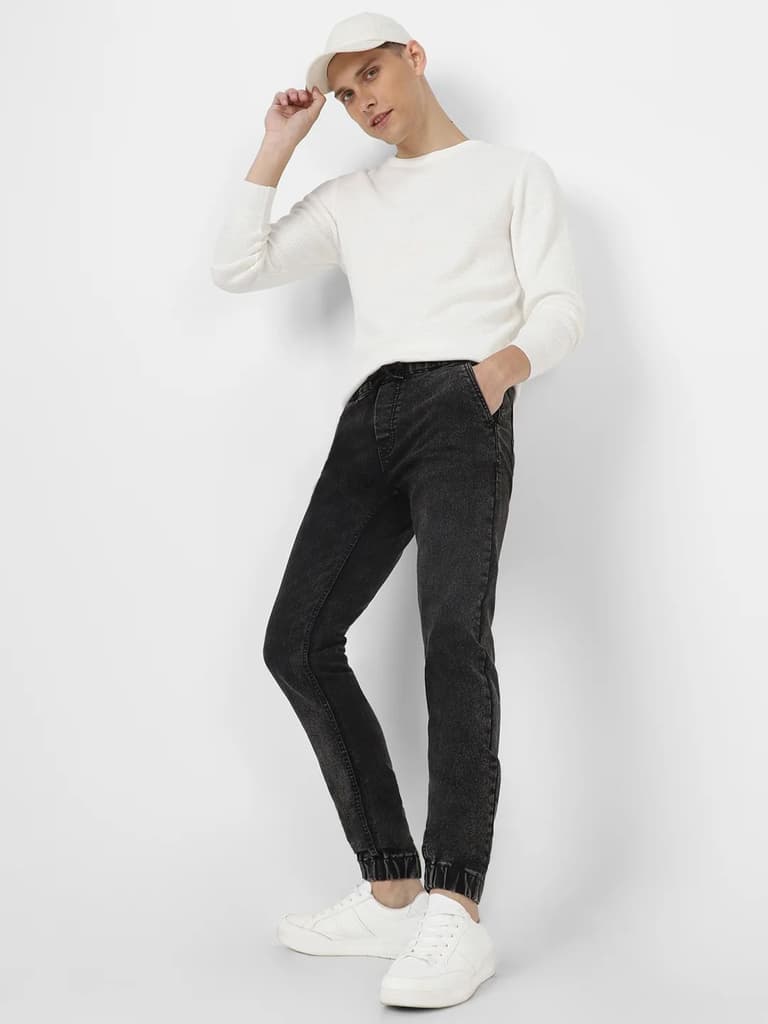 Men's Black Slim Fit Washed Jogger Jeans Stretchable — photo 4