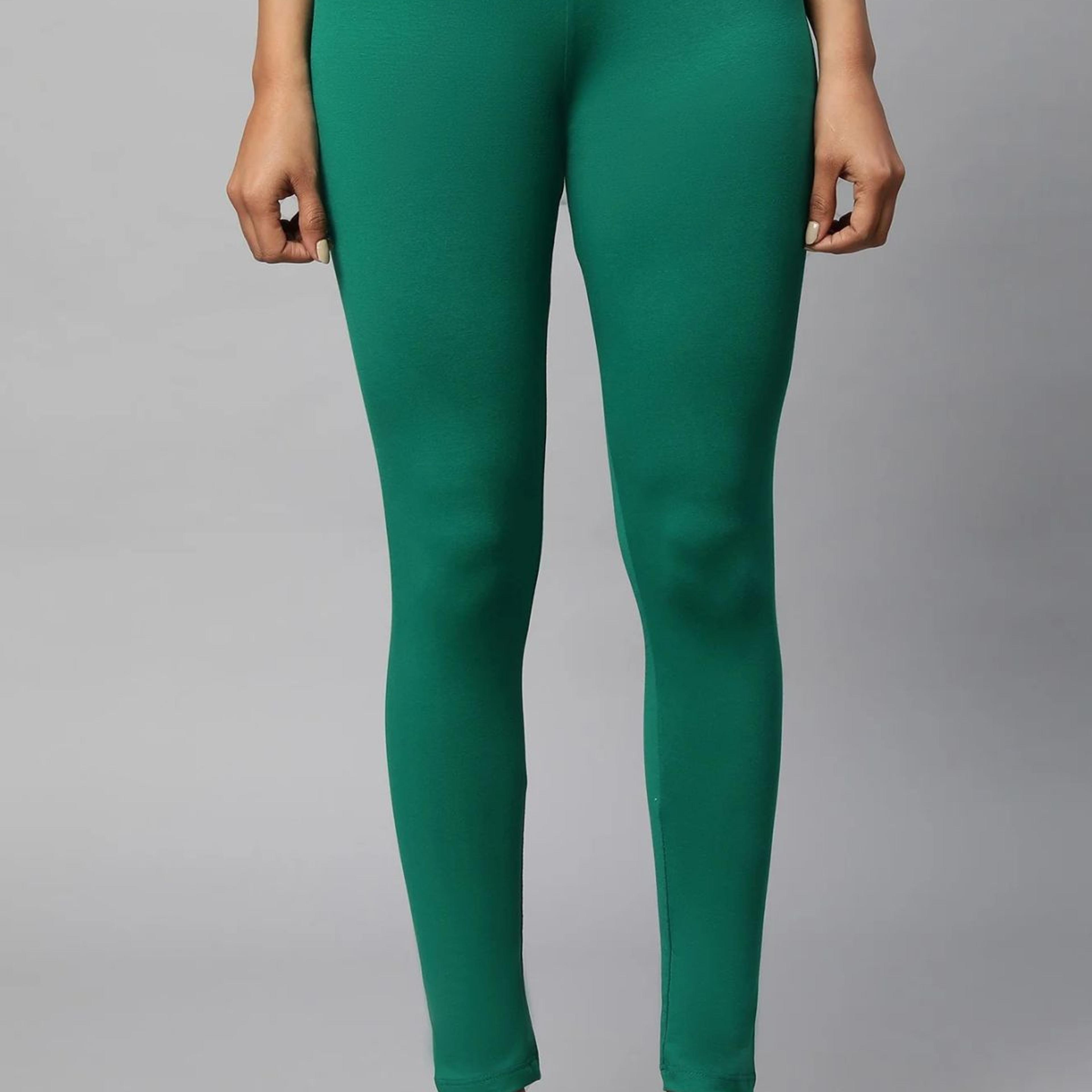 Green Solid Skinny Fit Cotton Tights With Elasticated Waist