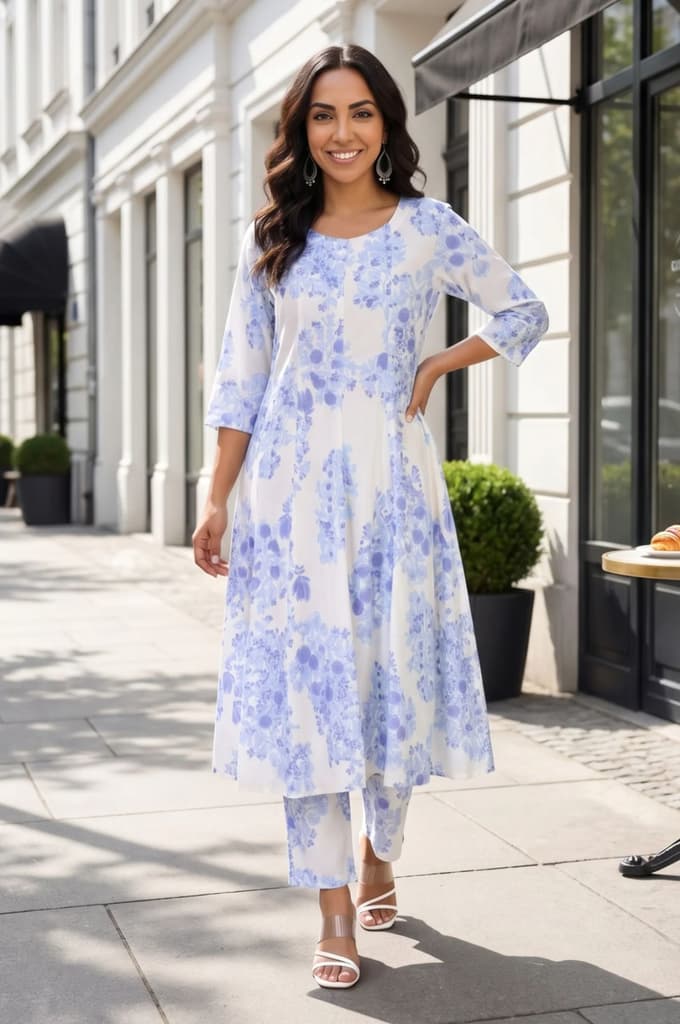White Floral Printed Cotton Flax Flared Kurta